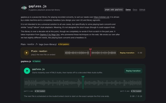 gapless.js demo comparing plain audio tags with gapless playback